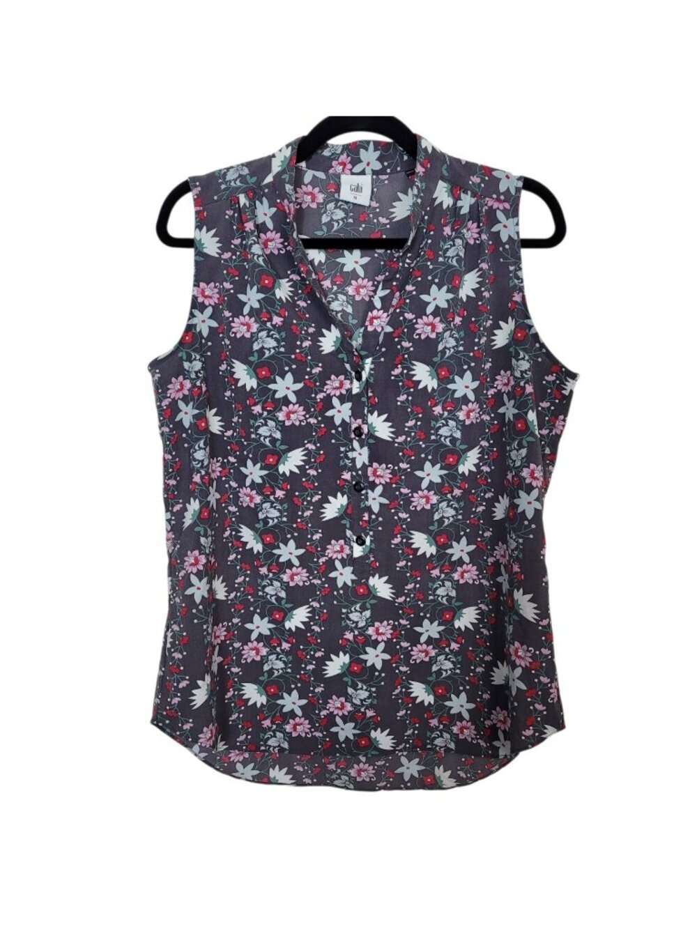 Cabi 5210 Plaza Fiesta Sleeveless Popover Top Blouse Gray Floral Sz Med Casual